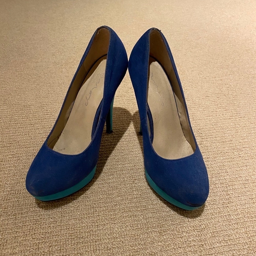 Navy Suede High Heel Pumps with Teal Platform